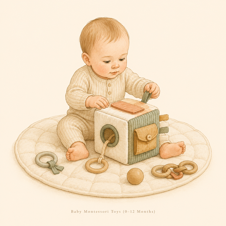 Baby 0-12 months exploring safe wooden Montessori sensory toys on a soft cream rug.