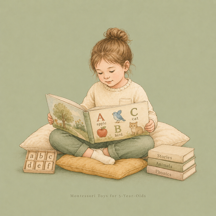 5-year-old child arranging wooden alphabet tiles and logic cards at a light wood table.