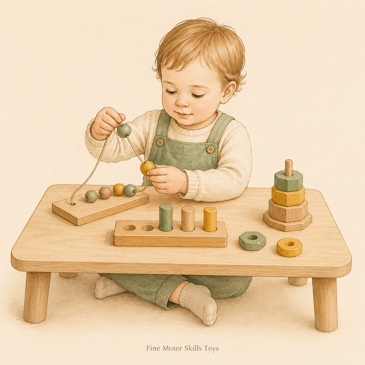 Toddler threading wooden beads and placing pegs for fine motor practice.