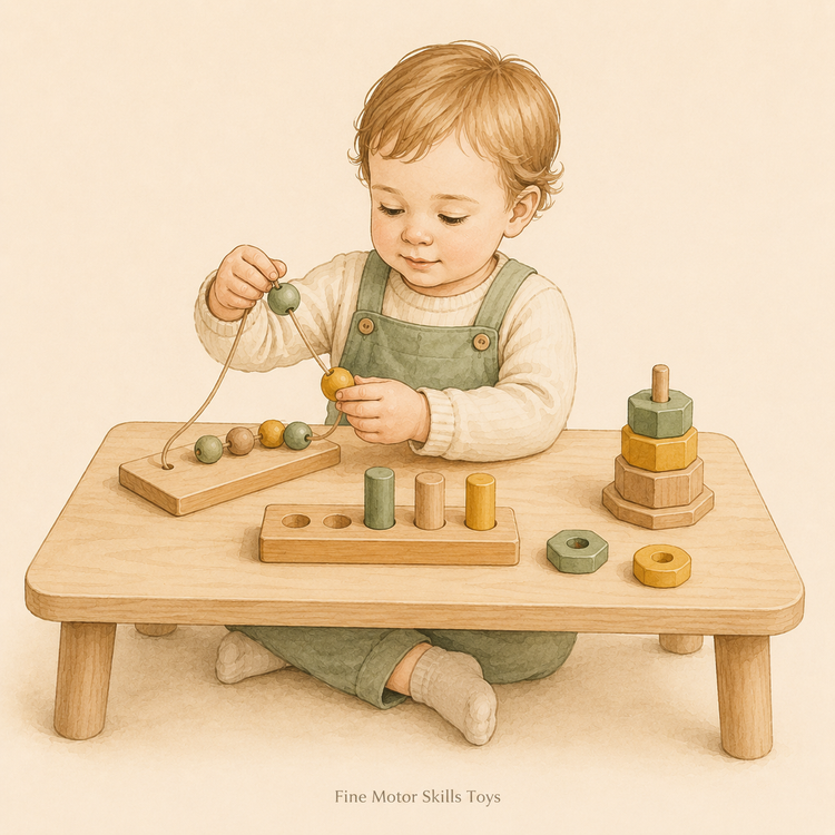 Toddler threading wooden beads and placing pegs for fine motor practice.