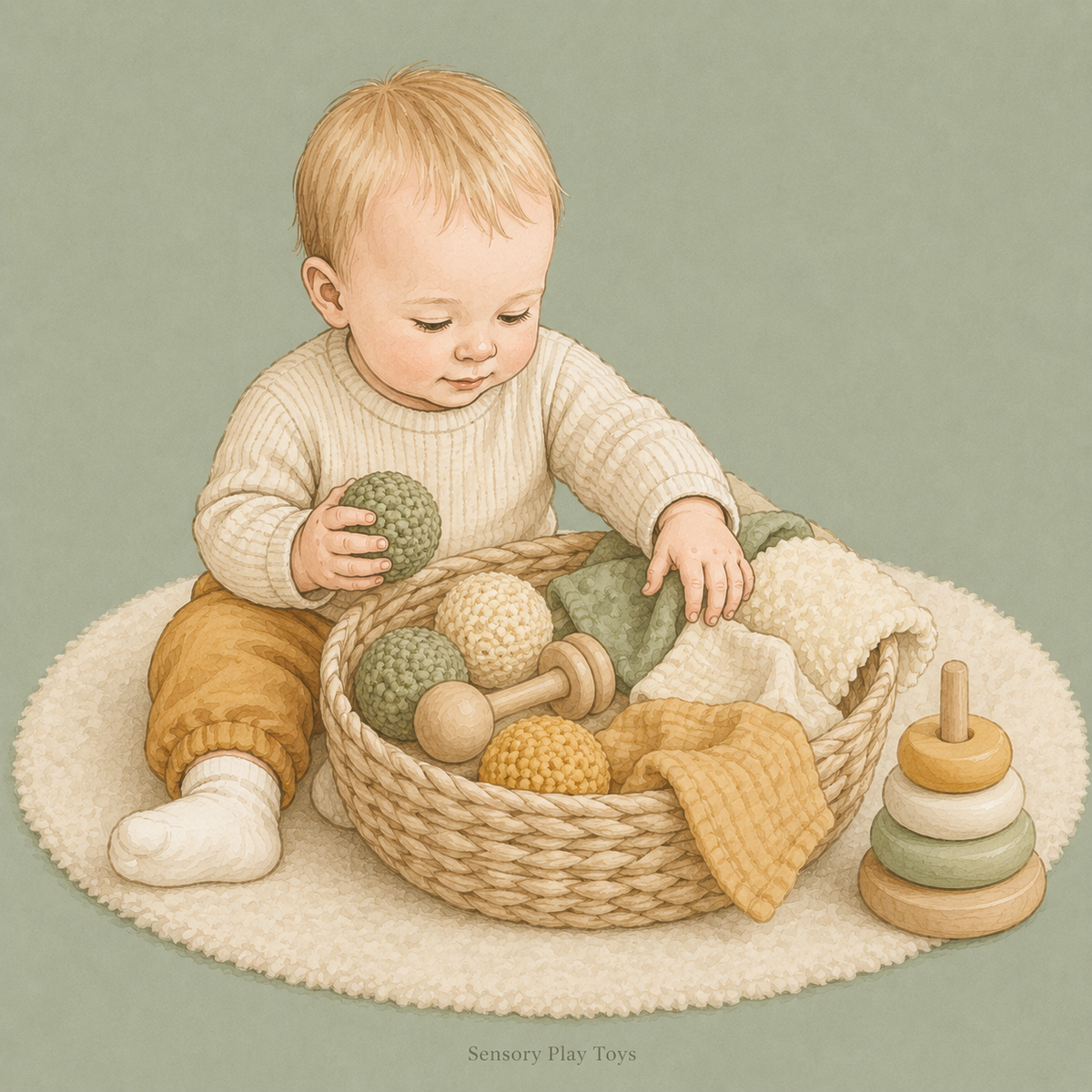 Baby exploring a sensory basket with textured fabric, wooden rattles and soft sensory balls.