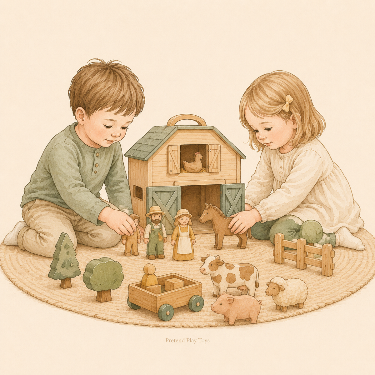 Two children playing calmly with wooden animals, people figures and a toy house.