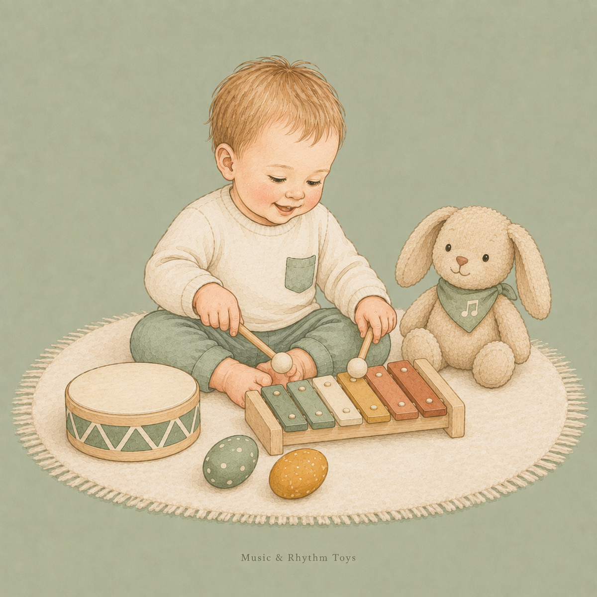 Young child enjoying music and rhythm play with a xylophone, drum, shakers and soft musical toy.