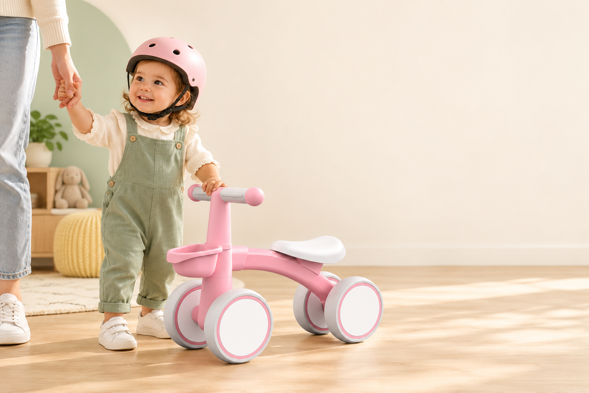Parent and helmeted toddler standing with the pink FirstRide balance bike