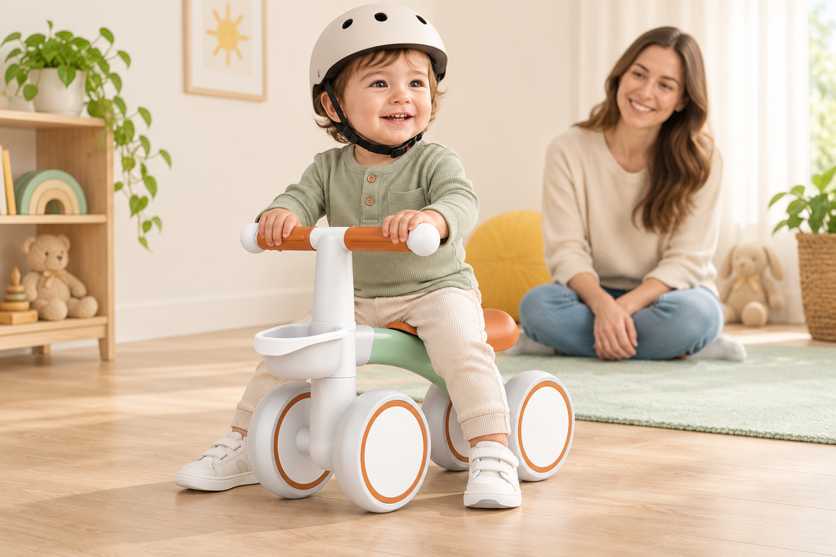 Helmeted toddler seated with both feet flat beside the mint green FirstRide balance bike