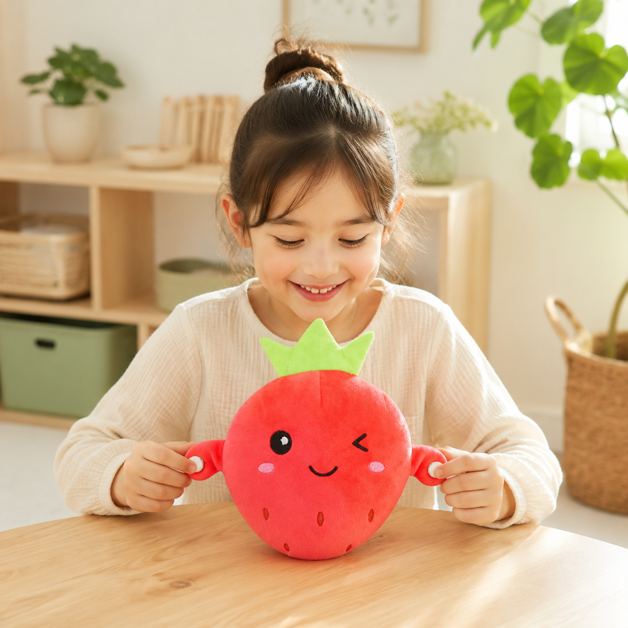 Child exploring the touch sensors on the strawberry Musical Touch Plush Pal
