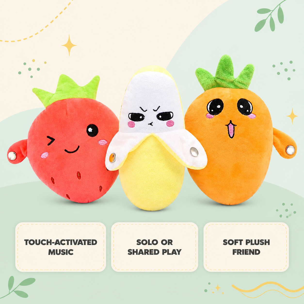 Strawberry, banana and carrot Plush Pal styles with product benefits