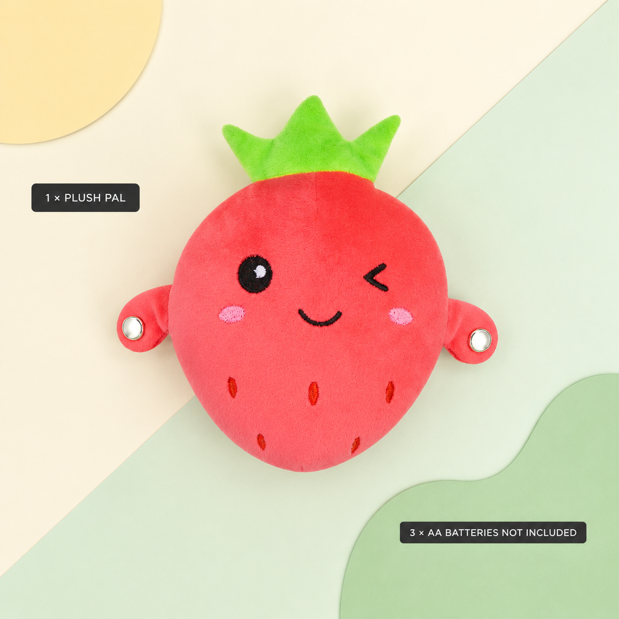 One strawberry Plush Pal with battery requirement information
