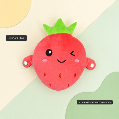 One strawberry Plush Pal with battery requirement information