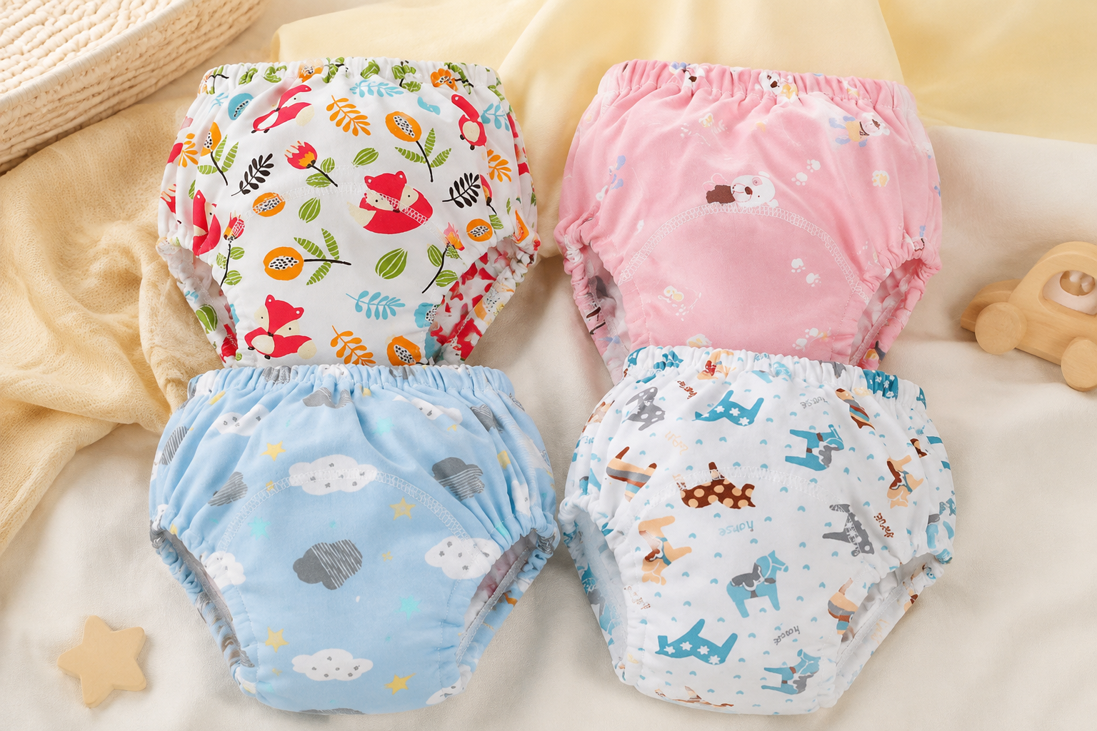 Four printed cotton potty training pants