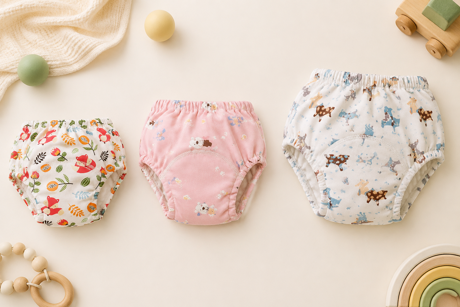 Three potty training pants arranged by size