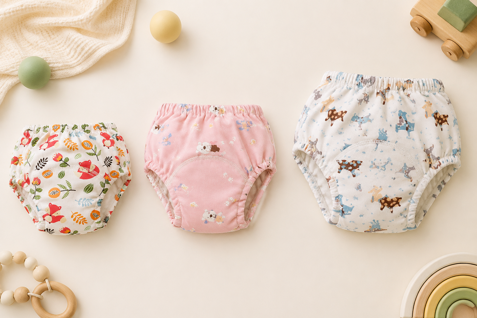 Three potty training pants arranged by size