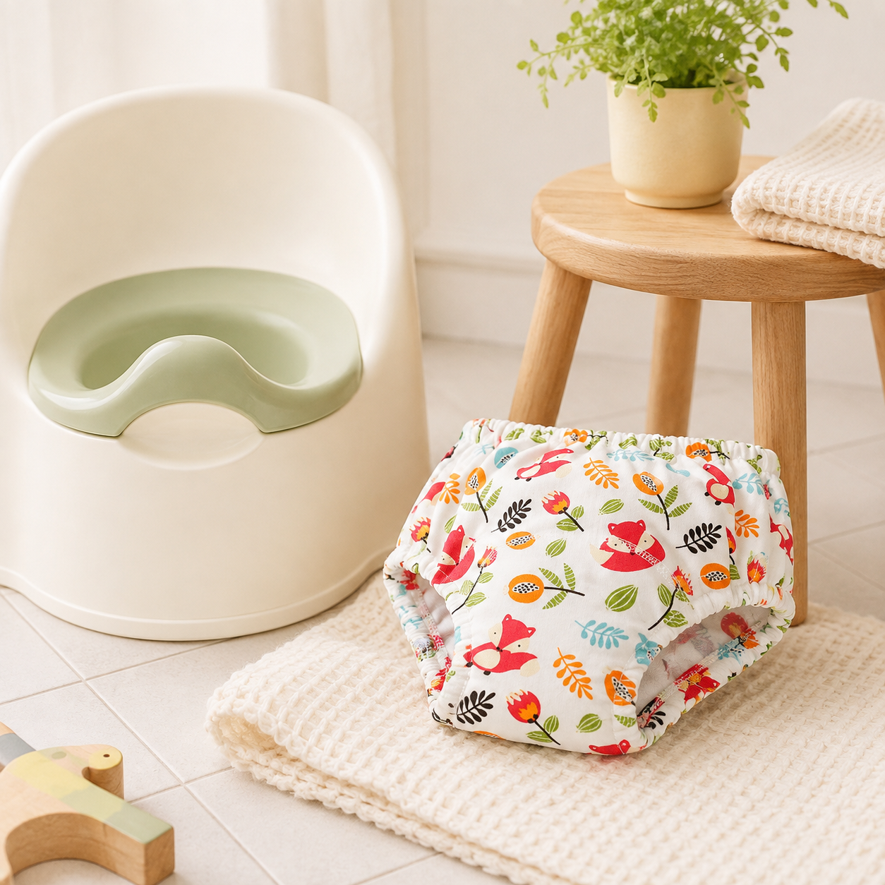 Reusable cotton potty training pants beside a toddler potty