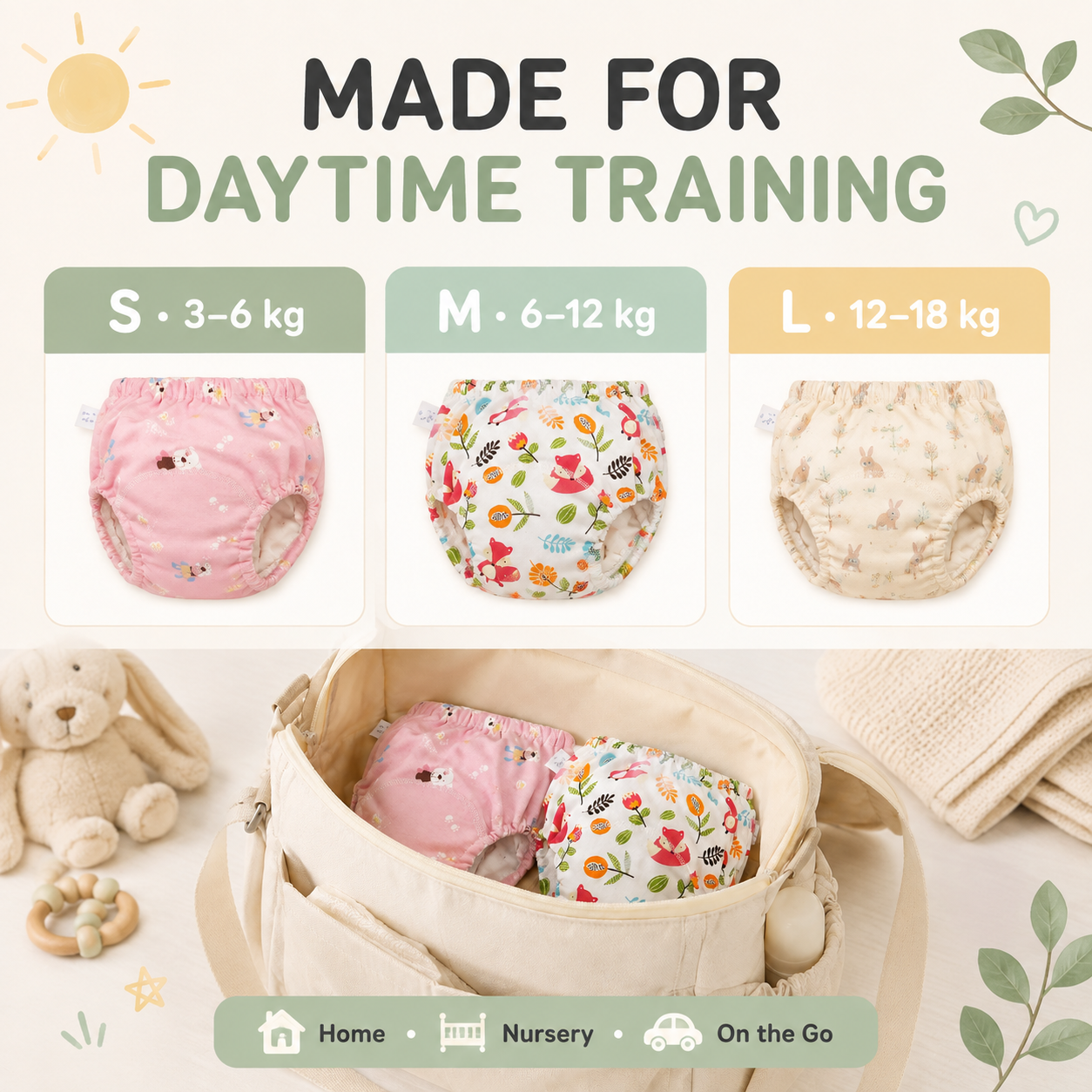 Toyella potty training pants size guide from 3 to 18 kilograms