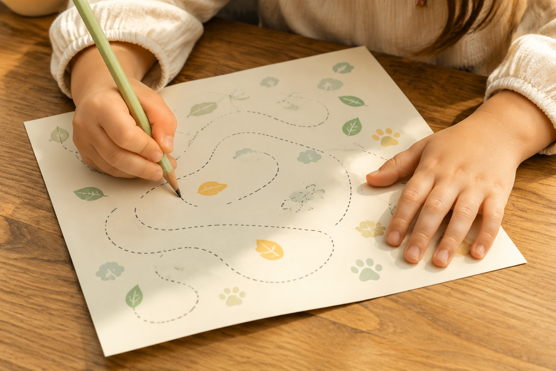 Child practising pencil control with a nature activity