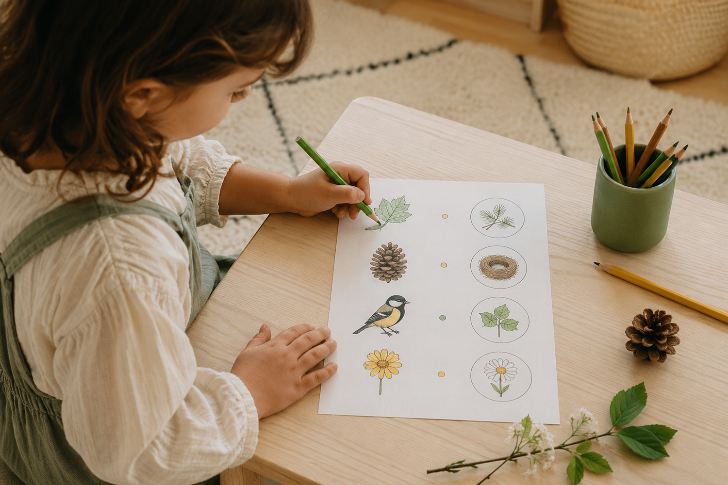 Child calmly exploring a creative nature activity
