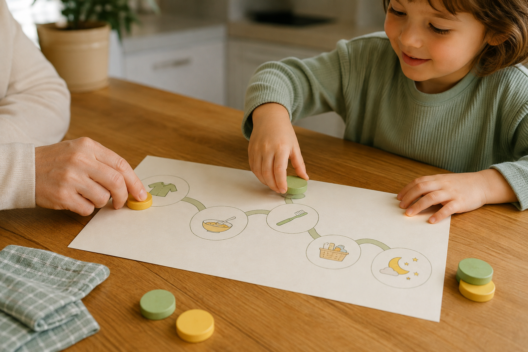 Family using a screen-free home routine activity