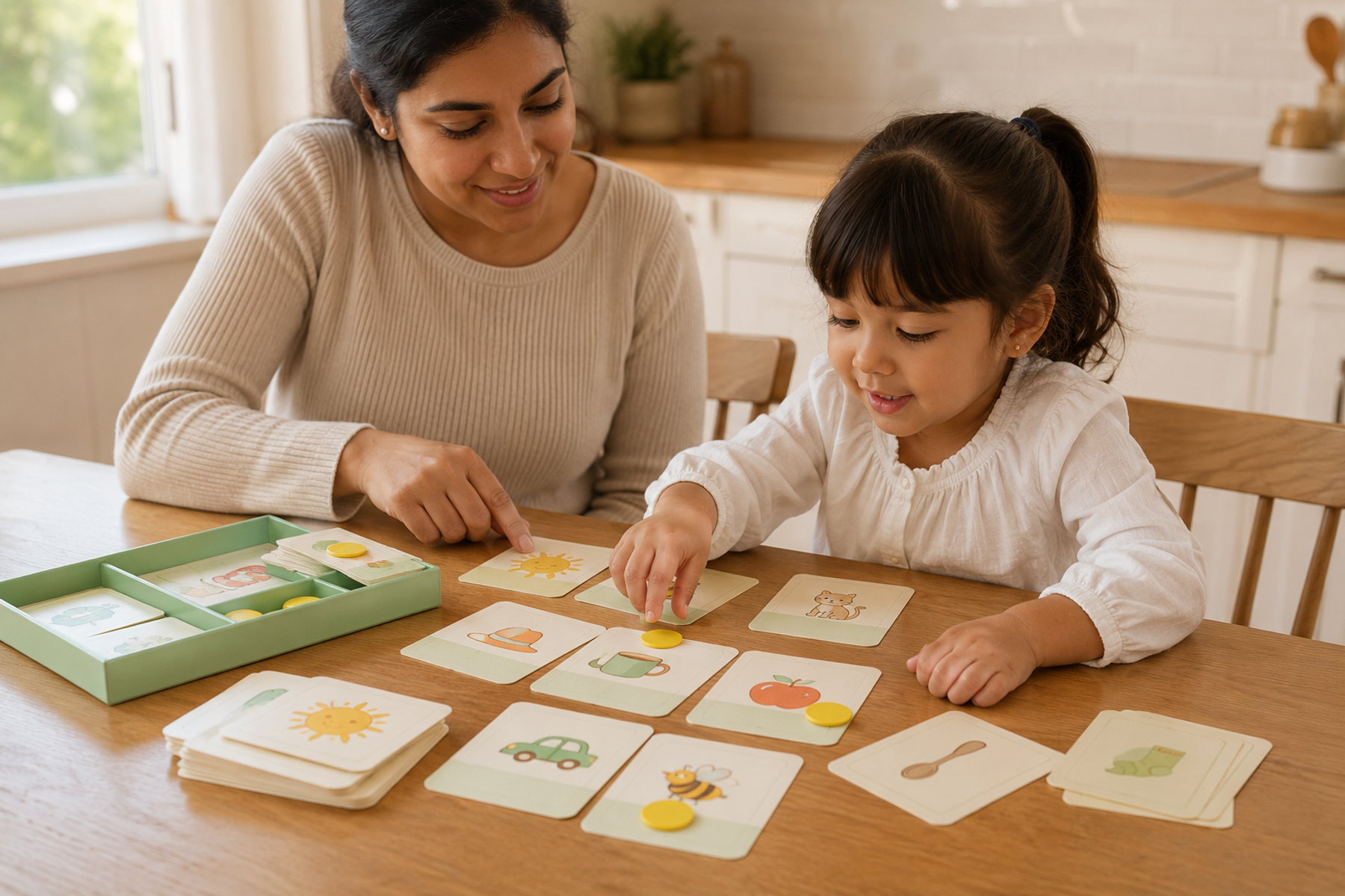 Parent and child enjoying picture-card learning