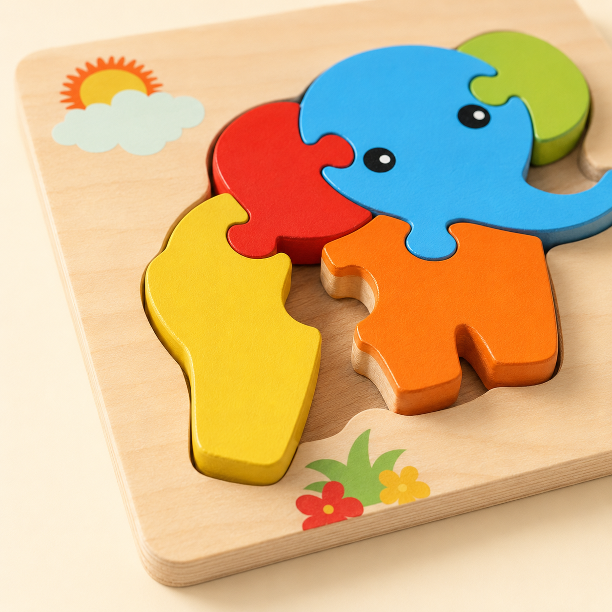 Close-up of colourful wooden puzzle pieces